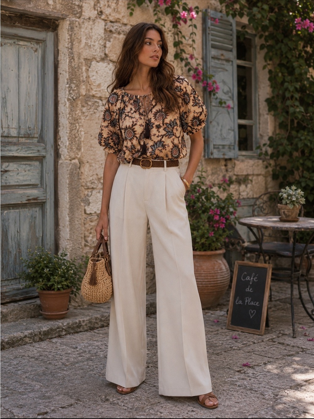 ALC Elly Tie Front Printed Cotton Boho Blouse